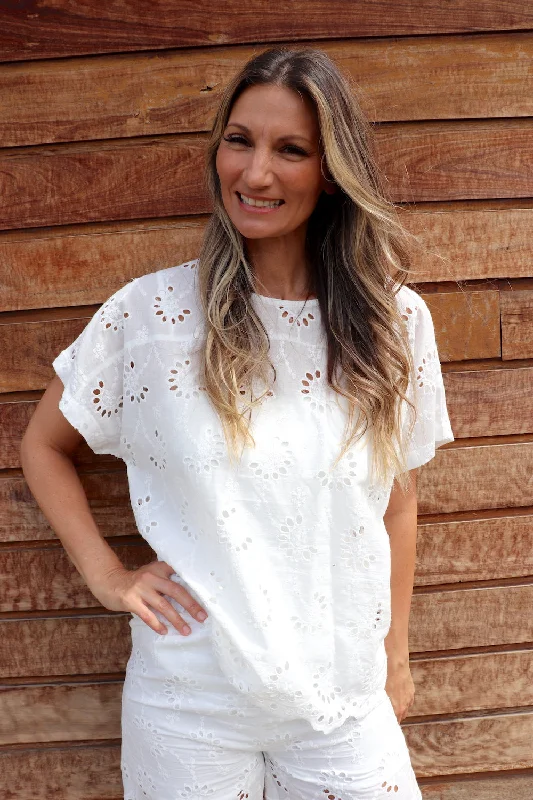 Anglaise Short Sleeve Cotton Top in White Scandinavian