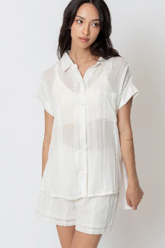 The Avenue Semi Sheer Tonal Stipre Button Down Top Classic Women's Pin - striped