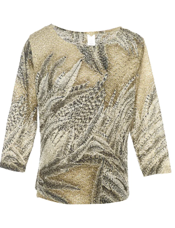 Leafy Print Olive Green & Beige Sparkly Metallic Top - L Confident Women's Power