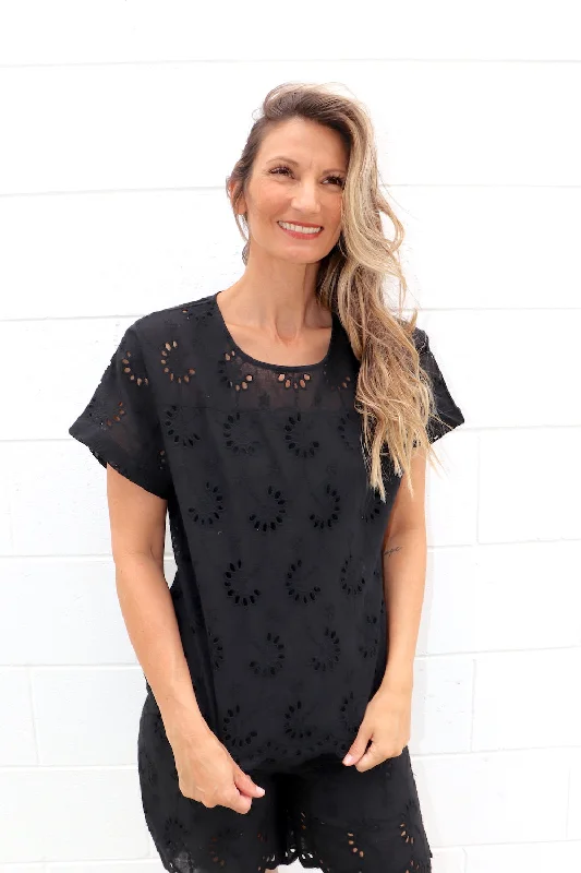Anglaise Short Sleeve Cotton Top in Black Gym