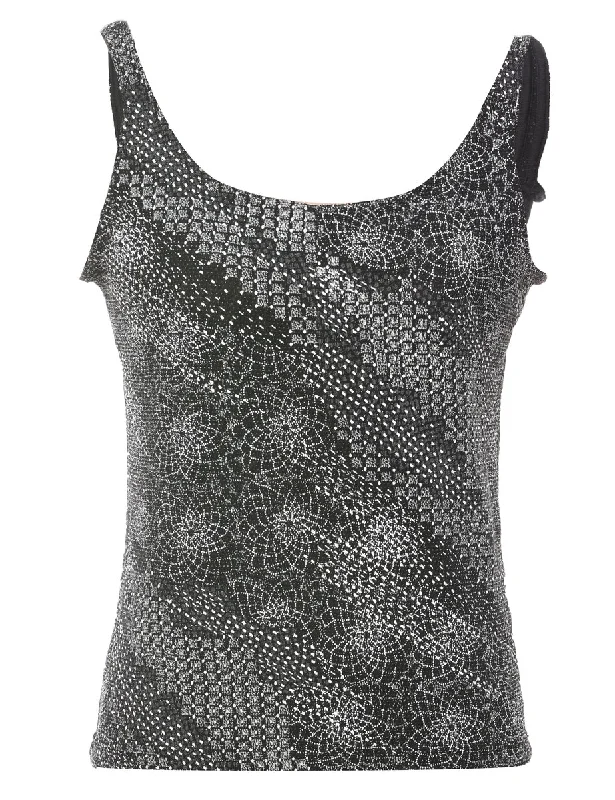 Black & Silver Sparkly Metallic Evening Top - S Relaxed Women's Beachy