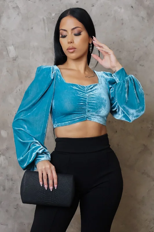 Velvet Nights Crop Top - Turquoise Stylish Women's Tropical 