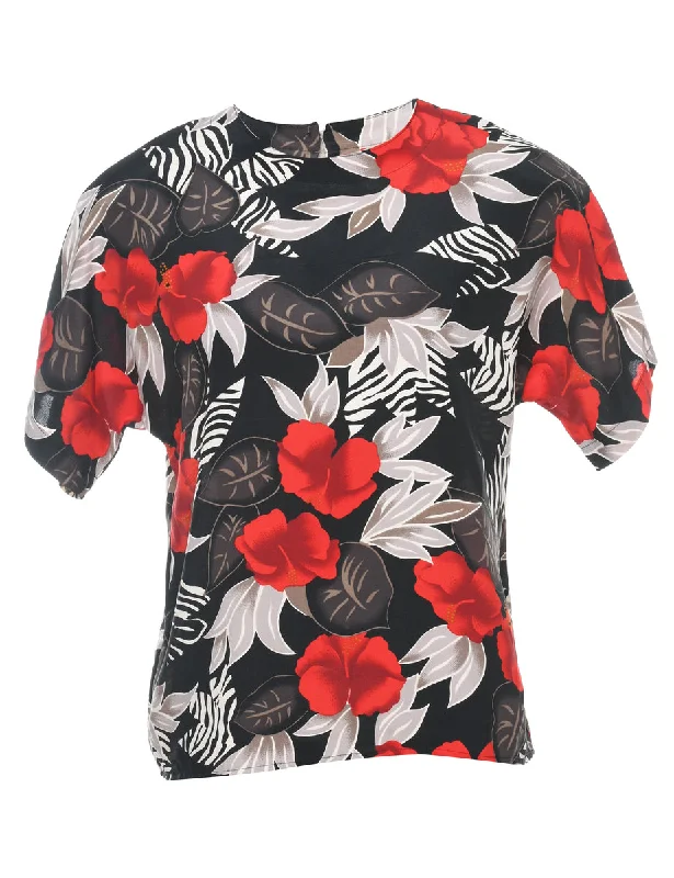 Black & Red Floral Printed Top - S Bold Women's Statement