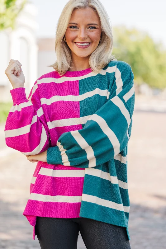 Live It Up Fuchsia/Teal Striped Sweater purpose