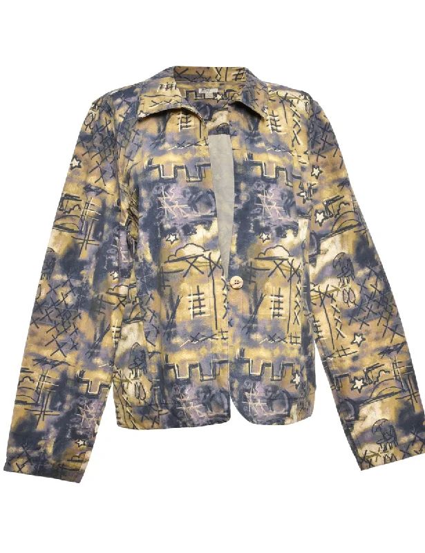 Button-Front Pale Yellow & Purple Abstract Print Jacket - L Casual Women's Loose - fitting
