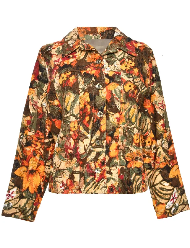 Floral Brown & Orange Classic Jacket - M Relaxed Women's 