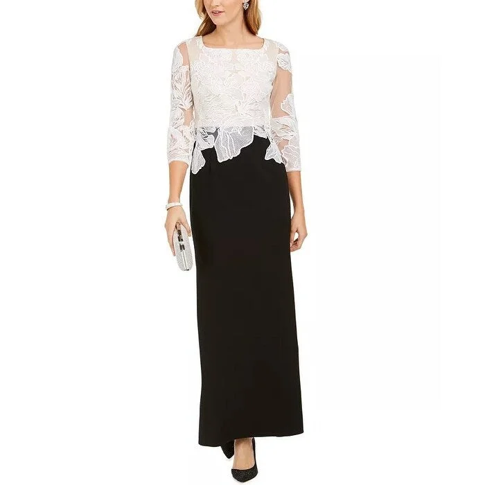 Adrianna Papell Women's Floral Embroidered Gown Black Ivory Size 6 Classic Women's Pin - striped