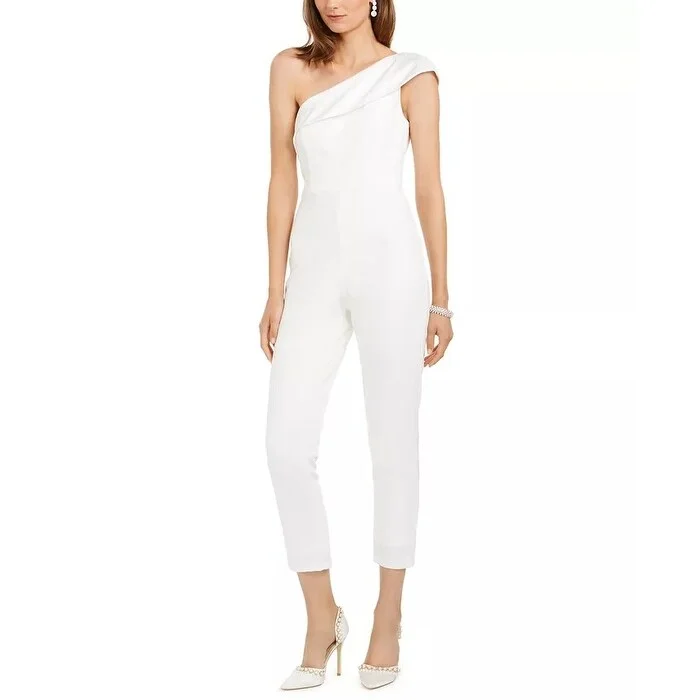 Adrianna Papell Women's One Shoulder Knit Crepe Jumpsuit Stretch Charmeuse Neckline Ivory White Size 14 Refined Women's Adrianna Papell Women's One Shoulder Knit Crepe Jumpsuit Stretch Charmeuse Neckline Ivory White Size 14 Refined Women's
