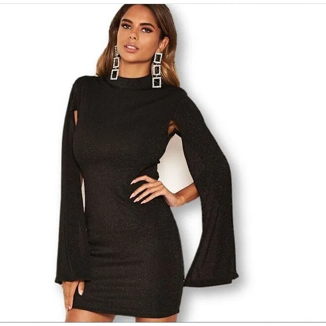 AX Paris Women's High Neck Split Sleeve Sparkle Dress Black Size 6 Compression