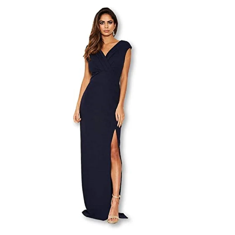 Ax Paris Women's Wrap V-Neck Slit Maxi Dress Navy Size 10 French