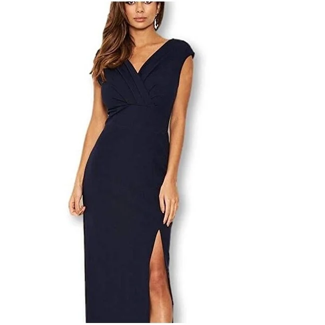 AX Paris Women's Wrap V Neck Slit Maxi Dress Navy Size 8 Sophisticated Women's 