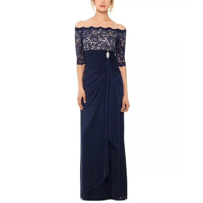 B & A By Betsy & Adam Women's Off The Shoulder Lace Gown Blue Size 14 Traditional Women's B & A By Betsy & Adam Women's Off The Shoulder Lace Gown Blue Size 14 Traditional Women's