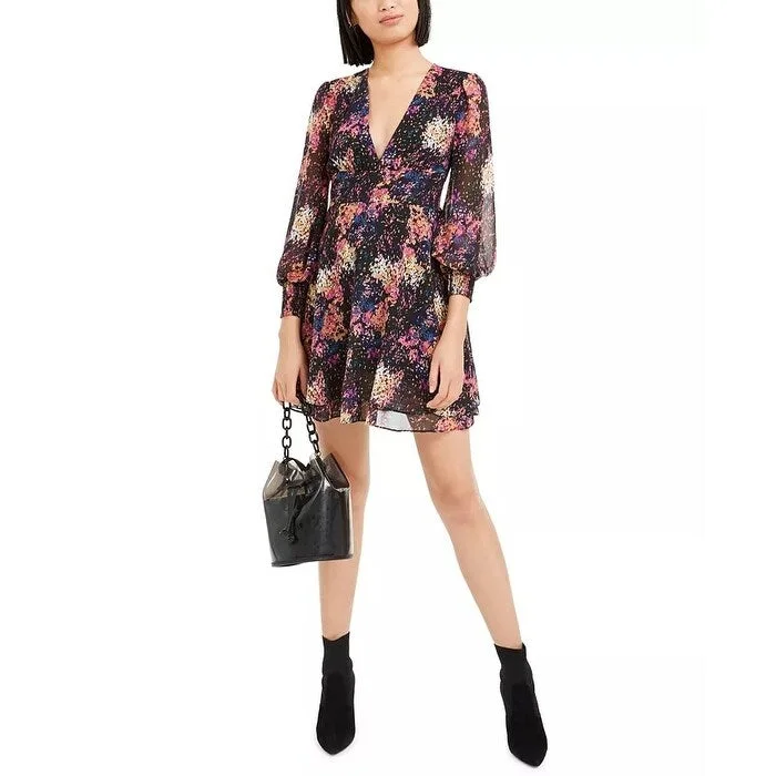 Bar III Women's Confetti Printed Blouson-Sleeve Dress Black Size Large Modern Women's Tech