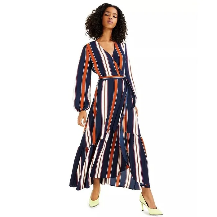 Bar III Women's High Low Striped Maxi Wrap Dress Navy Size Large Refined Women's Velvet