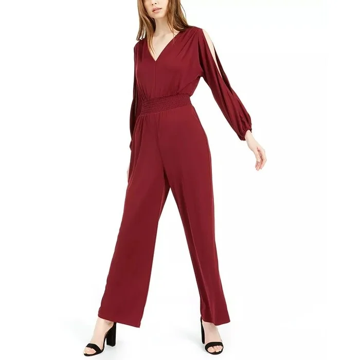 Bar III Women's Slit-Sleeve V-Back Jumpsuit Dark Red Size Large Polished Women's Silk Bar III Women's Slit-Sleeve V-Back Jumpsuit Dark Red Size Large Polished Women's Silk
