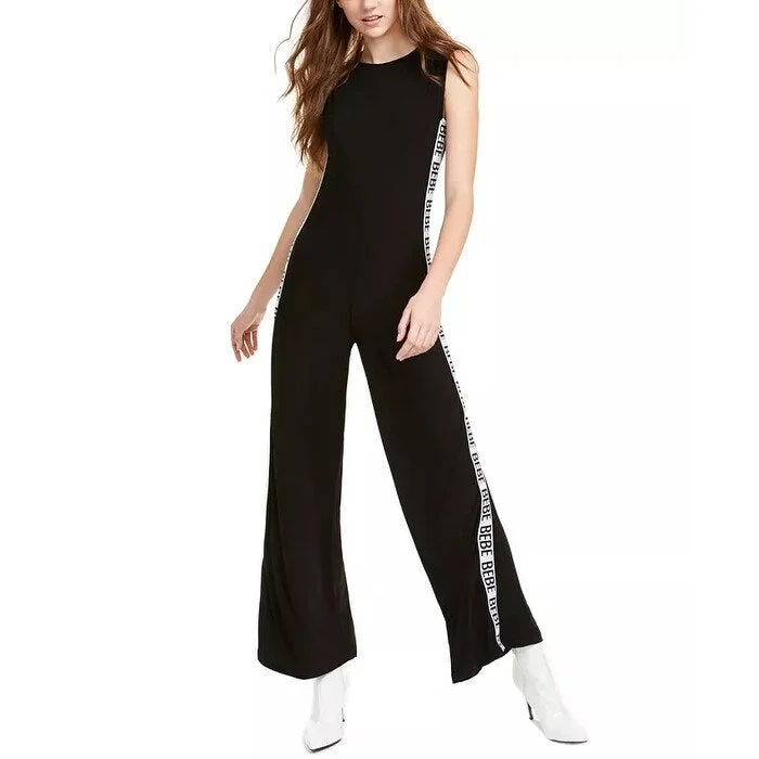 Bebe Women's Logo Stripe Jumpsuit Black Size Large Artistic Women's Hand - painted