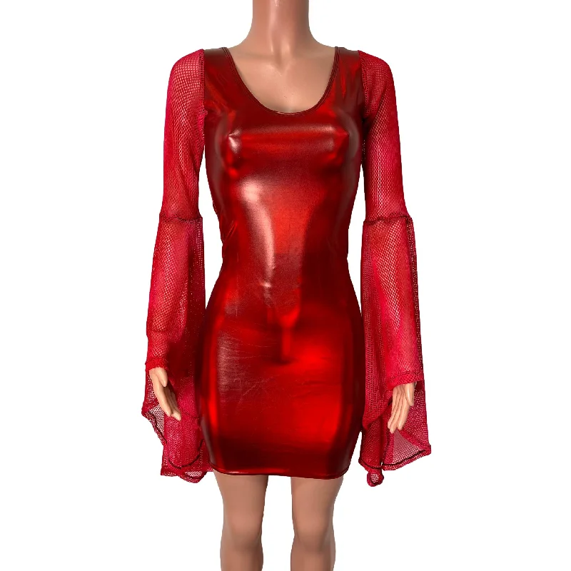 Bell Sleeve Bodycon Dress in Red Holo Spandex w/ Red Fishnet Sleeves Refined Women's Hand - crafted