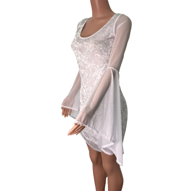 Bell Sleeve Bodycon Dress in White Crushed Velvet w/ White Mesh Sleeves Refined Women's Velvet