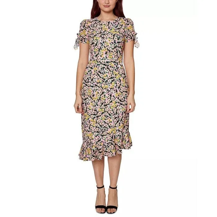 Betsey Johnson Women's Floral-Print Embellished Tie-Sleeve Dress White Size 6 Minimalist Women's Casual