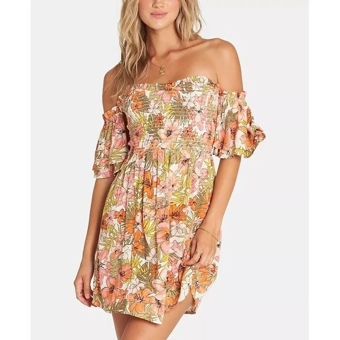 Billabong Juniors' Dancing Sun Smocked Off-The-Shoulder Dress Brown Size Small Sophisticated Women's Tailored