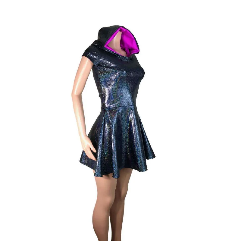 Black Hologram Cap Sleeve Hoodie Skater Dress Polished Women's Silk