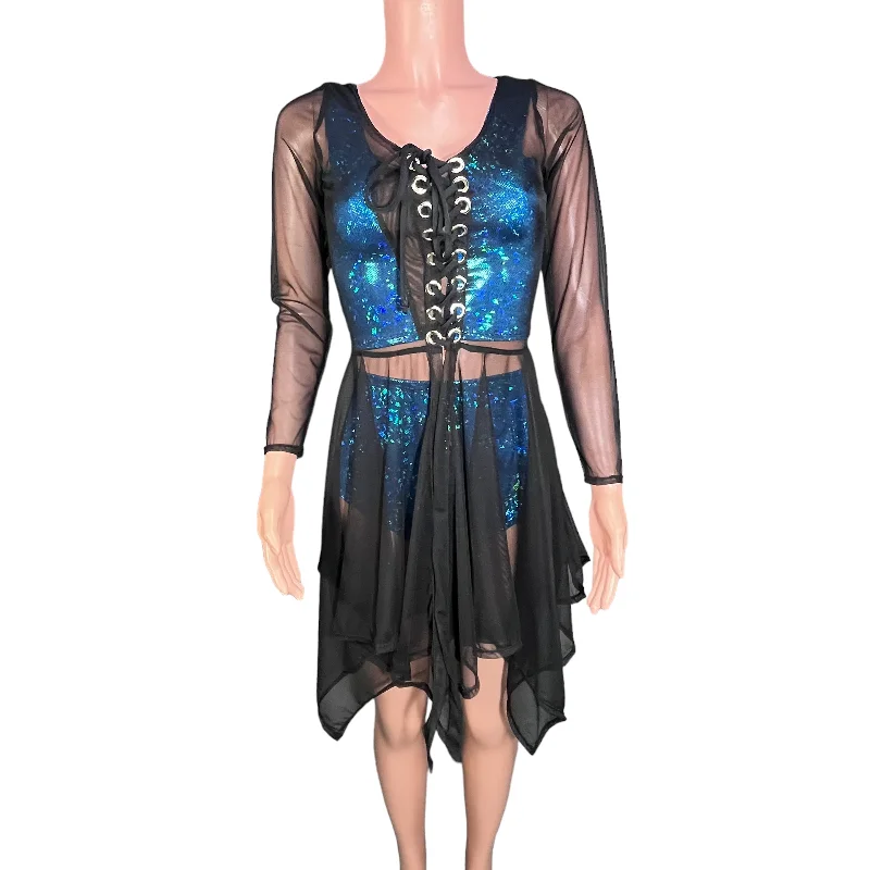 Black Mesh Lace-Up Open-Front Asymmetrical Dress Long Sleeve - Sheer Rave Dress Classic Women's Tweed