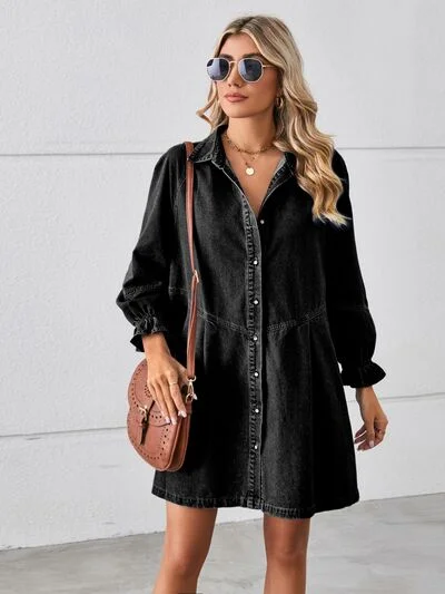 Button Up Flounce Sleeve Mini Denim Dress Street