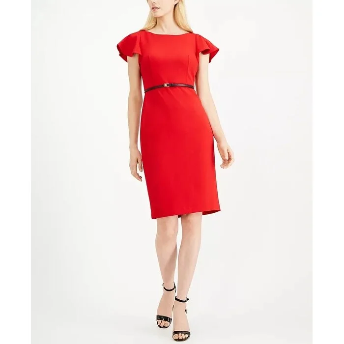 Calvin Klein Women's Belted Ruffle Sleeve Sheath Dress Red Size 14 Minimalist Women's Casual Calvin Klein Women's Belted Ruffle Sleeve Sheath Dress Red Size 14 Minimalist Women's Casual