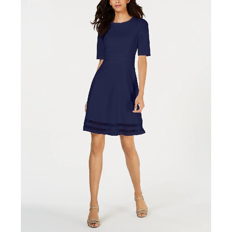 Calvin Klein Women's Elbow-Sleeve Illusion-Detail Dress Blue Size 8 Sophisticated Women's 