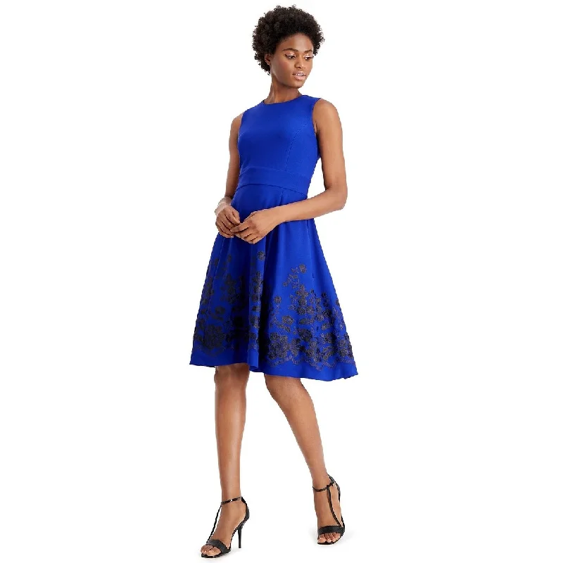 Calvin Klein Women's Embroidered A-Line Dress Blue Size 12 Elegant Women's Formal 