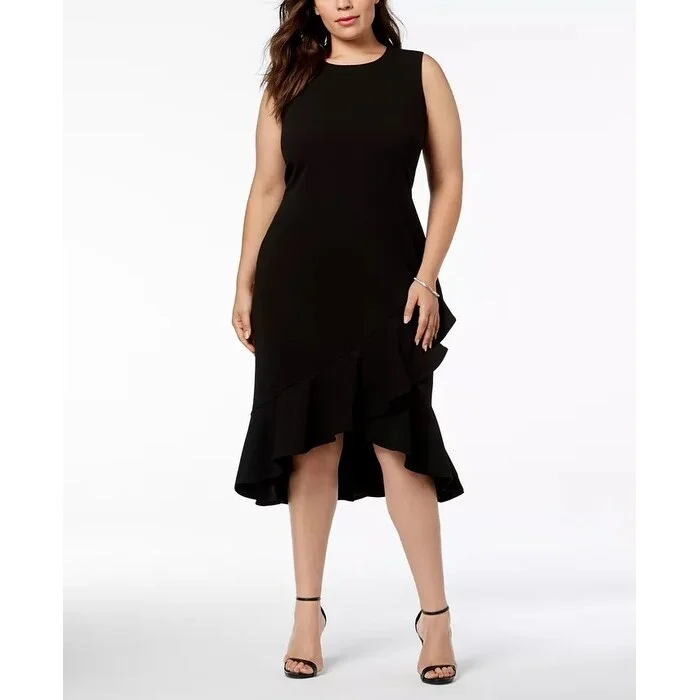 Calvin Klein Women's Ruffled High Low Midi Dress Black Size Petite Small Earthy Women's Calvin Klein Women's Ruffled High Low Midi Dress Black Size Petite Small Earthy Women's