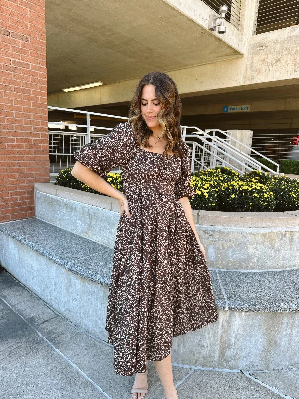 Chestnut Puff Sleeve Midi Dress Feminine Women's Soft 