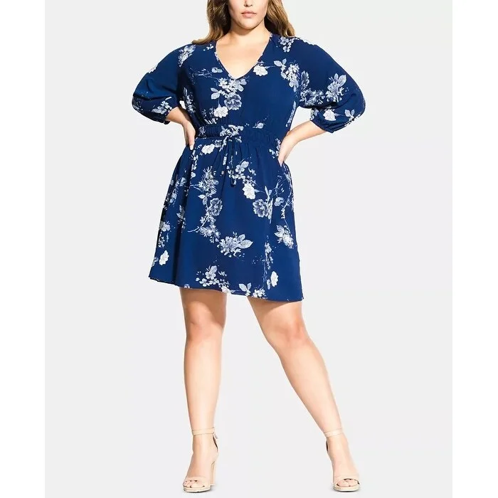 City Chic Women's Plus Floral Print Drawstring Waist Dress Medium Blue Size 18W Street City Chic Women's Plus Floral Print Drawstring Waist Dress Medium Blue Size 18W Street