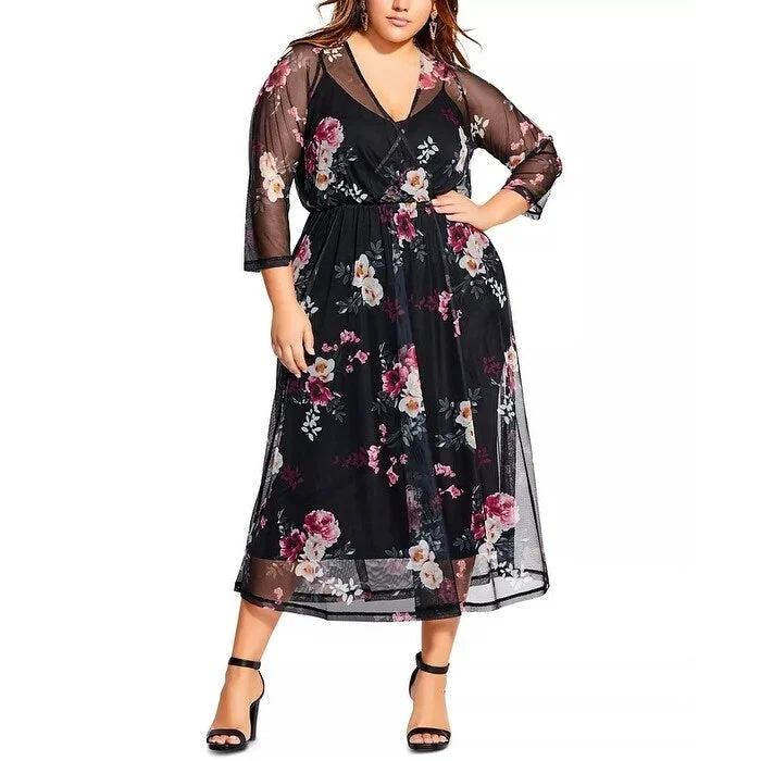 City Chic Women's Plus Sheer Floral Midi Dress Size Black Size 18W Gym