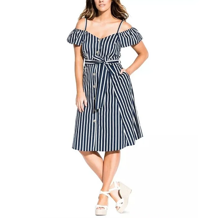 City Chic Women's Stripe Affair Cold Shoulder Dress Blue Size 20W Monochromatic Office Style