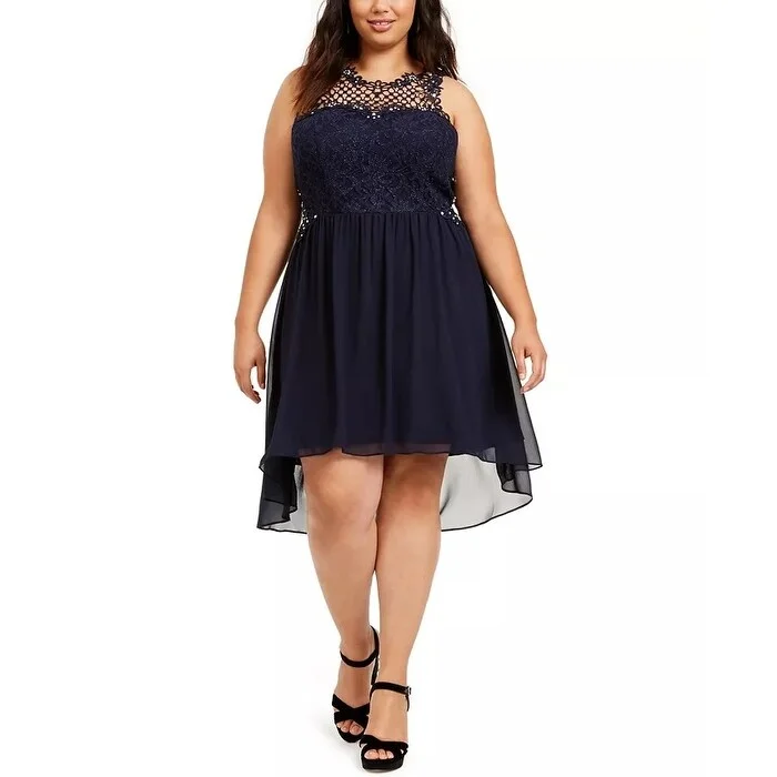 City Studios Junior's Plus High Low Dress Navy Size Petite Small - Petite Small Trendy Women's Oversized