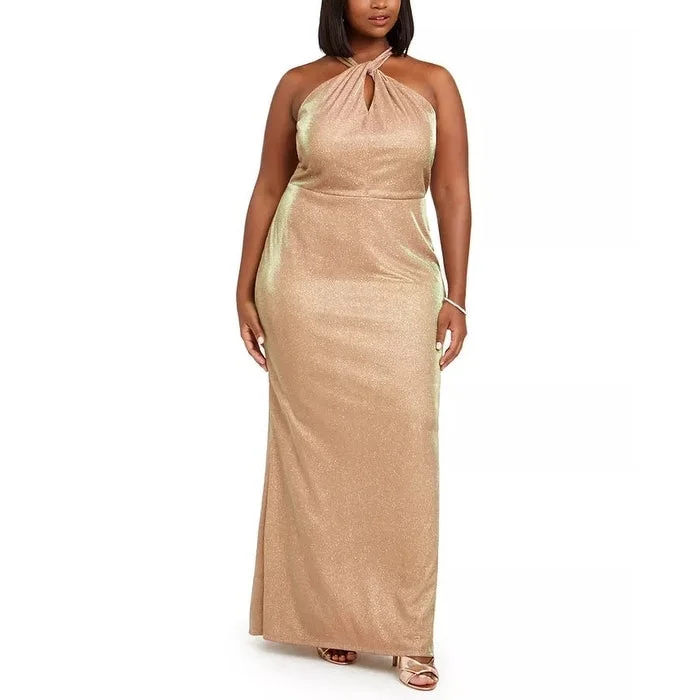City Studios Women's Trendy Plus Metallic Halter Gown Gold Size Petite Small Rugged Women's Outdoor 