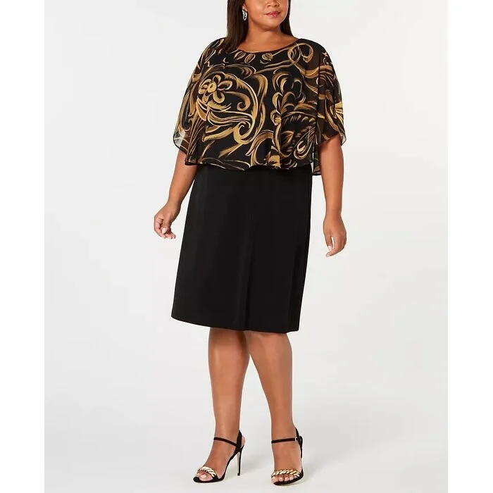 Connected Women's Plus Size Chiffon Popover Dress Dark Yellow Size 20W Stylish Women's Tropical 