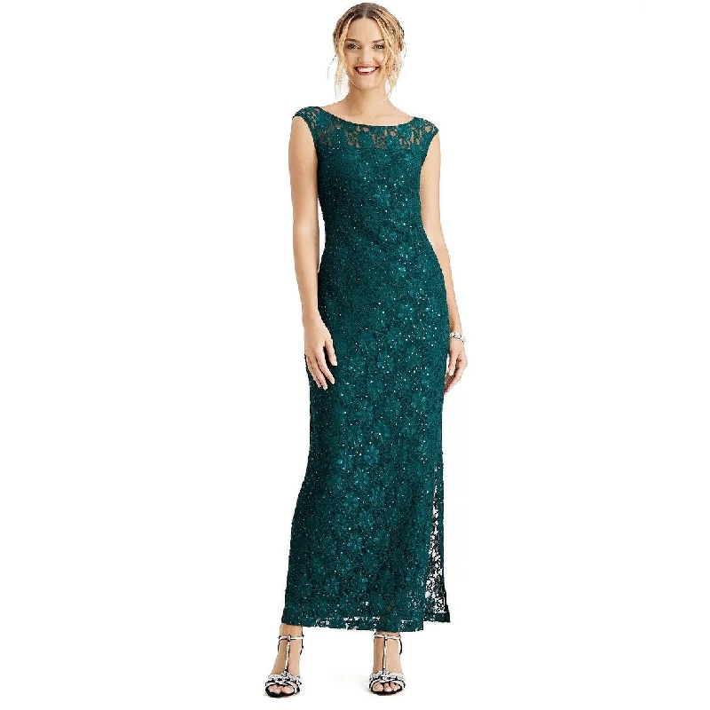 Connected Women's Sequined Lace Slit Gown Green Size 14 Hip Women's Retro