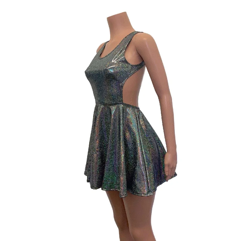 Cutout Skater Dress - Gleaming Silver Holographic Sophisticated Women's Tailored