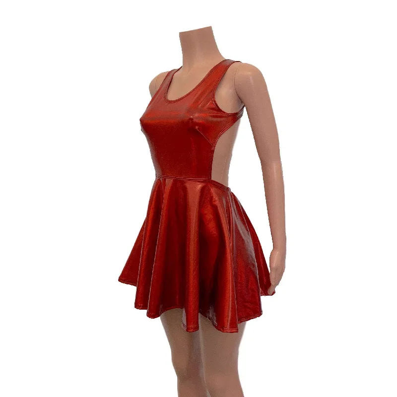 Cutout Red Skater Dress - Red Holographic Sleek Women's Metallic