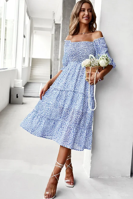 Ditsy Floral Off-Shoulder Smocked Midi Dress Vintage Women's 1970S 