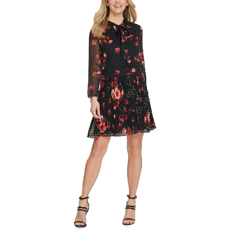DKNY Women's Floral Pleated Flounce Dress Charcoal Size 8 Elegant Women's Formal 
