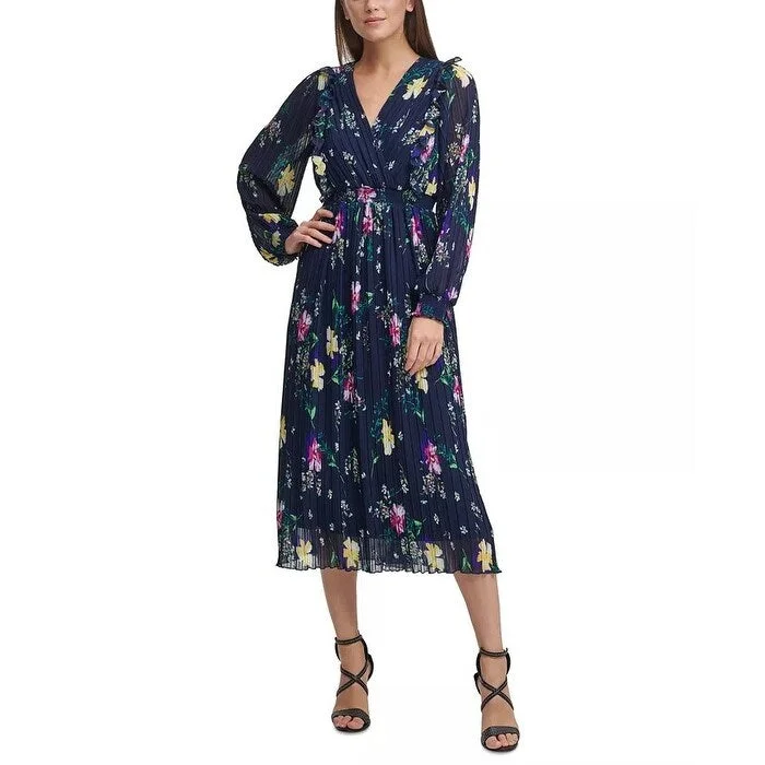 DKNY Women's Floral-Print Pleated Ruffled A-Line Midi Dress Blue Size 12 Disco