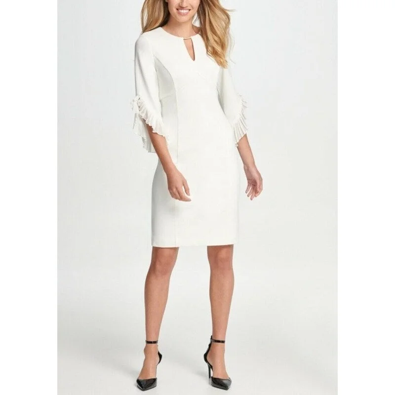 DKNY Women's Keyhole Neck Chiffon Tulip Sleeve Sheath Dress Ivory Size 2 Relaxed Women's 
