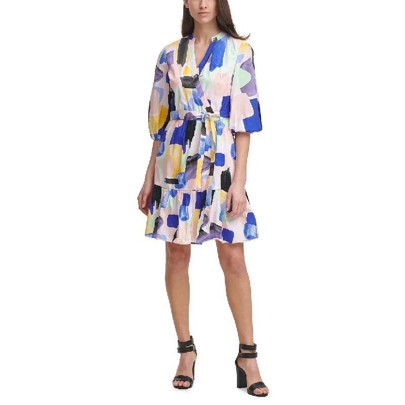 DKNY Women's Printed Balloon-Sleeve Dress Gray Size 14 Artistic Women's Avant - 