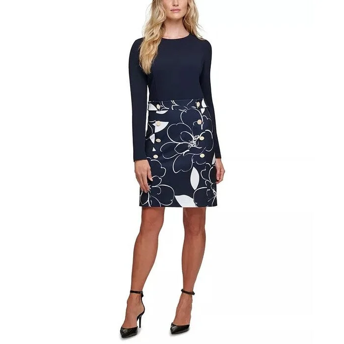 DKNY Women's Printed-Skirt Sheath Dress Dark Blue Size 14 Stylish Women's Tropical 