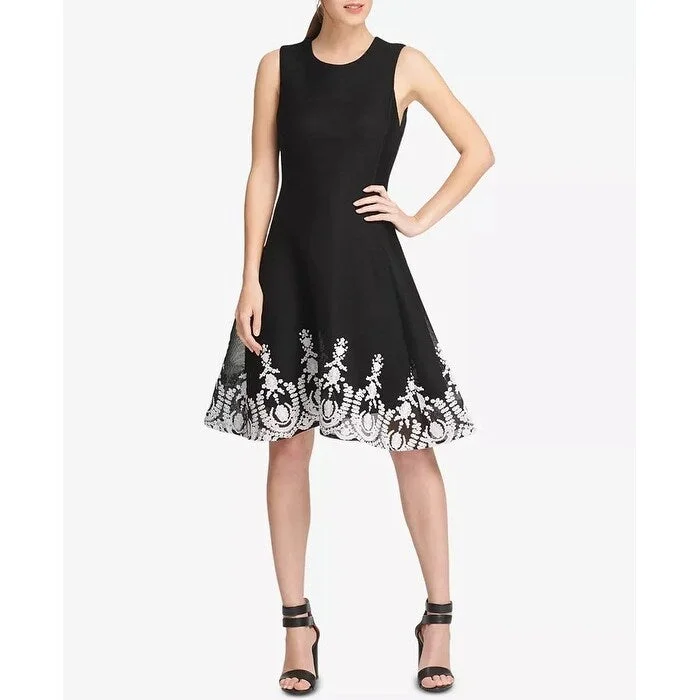 DKNY Women's Sleeveless Embroidered Fit & Flare Dress Black Size 8 Laid - back Women's Vibe