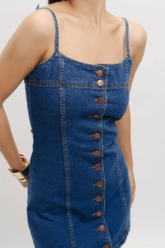 Front Buttoned Strap Denim Dress Sporty Women's Tennis
