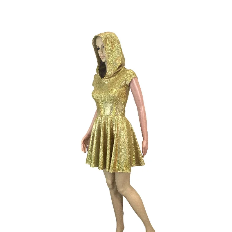 Gold Holographic Cap Sleeve Hoodie Skater Dress Earthy Women's 